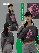 

UIUC Chic One Shoulder Woman Crop Tees 2022 Spring Trendy Graphic Long Sleeve Crop Tops for Teen Girls Cool T-shirts