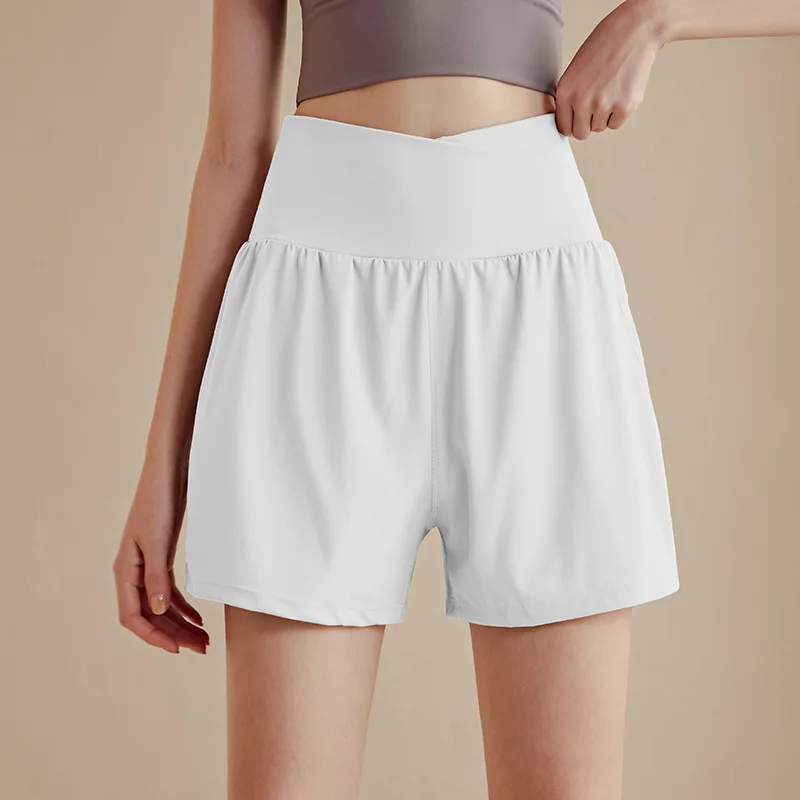 Fake 2-piece Sports Women With Pockets Anti-Shine Quick Dry High Waisted Fitness Yoga Pants Training Running Shorts Gym