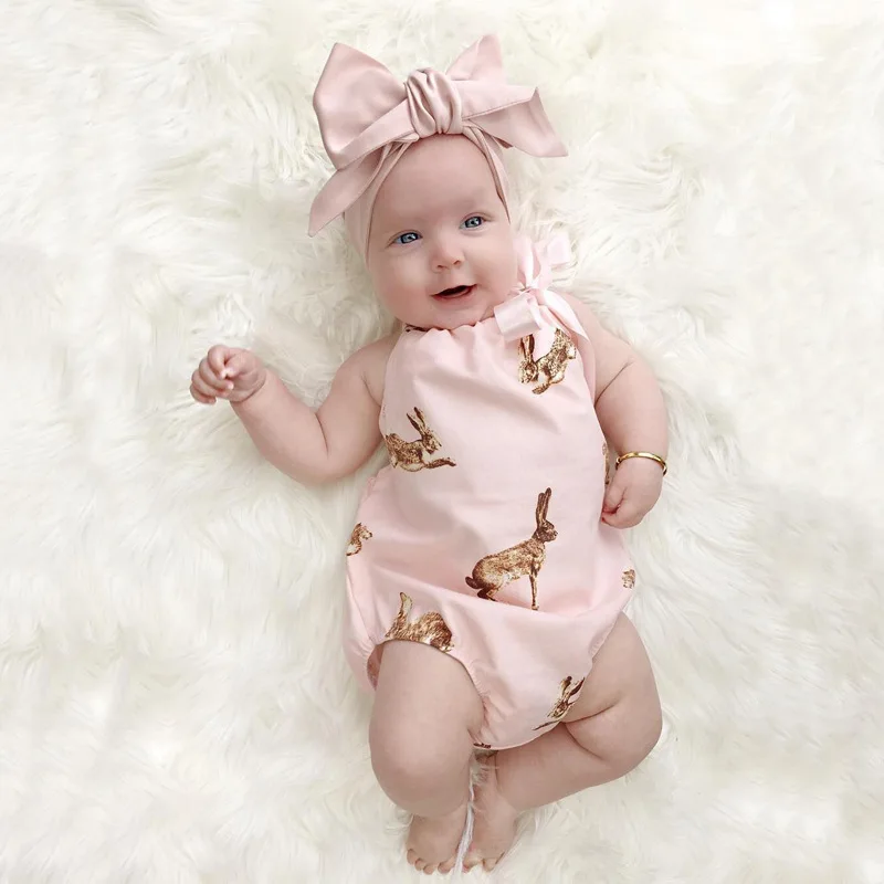 

Baby Girls Easter Rabbit Bodysuits Newborn Kids Pink Romper with Bowknot Headband Infants Children Onepiece Clothes