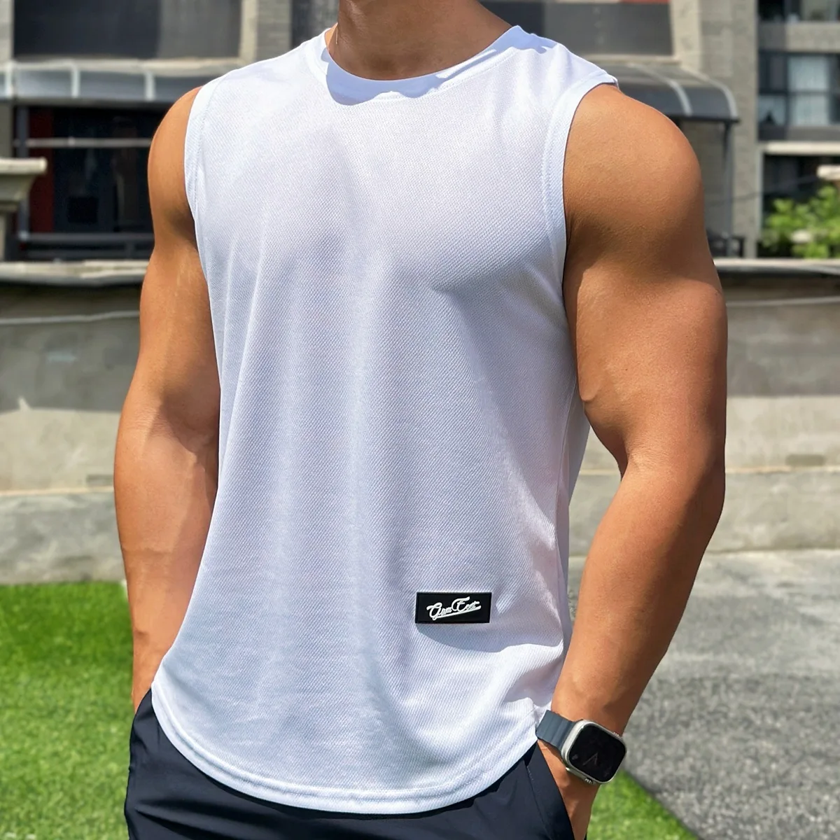 448254-3b6262.jpg S5741b5b49e1649af94fac18cc9c5d03bj Summer New Trend Men's Pullover Round Neck Mesh Bottom Shirt Sports Fitness Top Sleeveless Vest Quick Dry Mallzona