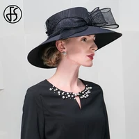 FS Female Elegant Church Black Hats For Women Formal Occasion Wide Brim Kentucky Cap Ladies Tea Party Millinery With Big Bowknot 2