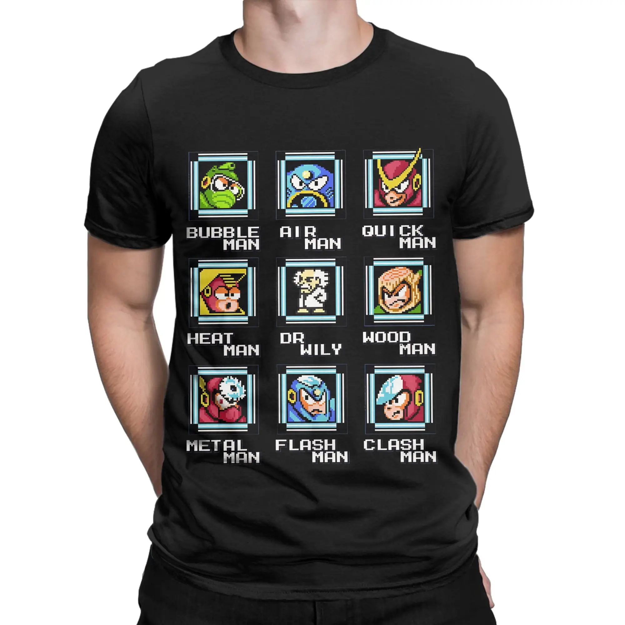 NES Retro-Videospiel Mega Man Bosses Bettdecke, Hemd, Tasse, Pullover, lustige Grafik, 100 % Baumwolle, T-Shirt, Megaman-T-Shirts, Oberteile für Herren