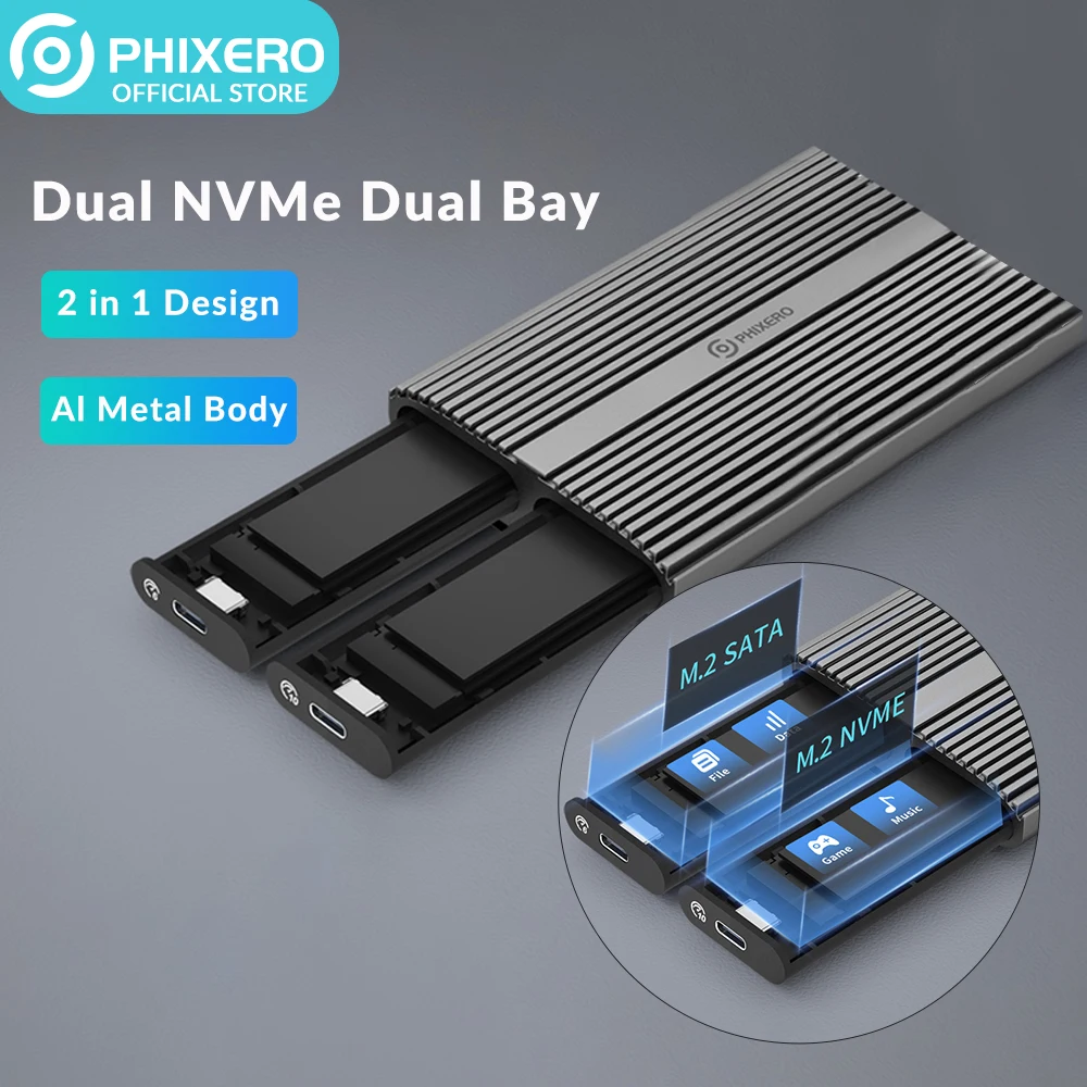 Phixero-usb 3.1 tipo c Thunderbolt 10gbps Gabinete Dual Bay Livre M.2 Nvme 2bay Ssd 10gbps Velocidade Blazing Compatível para Janela