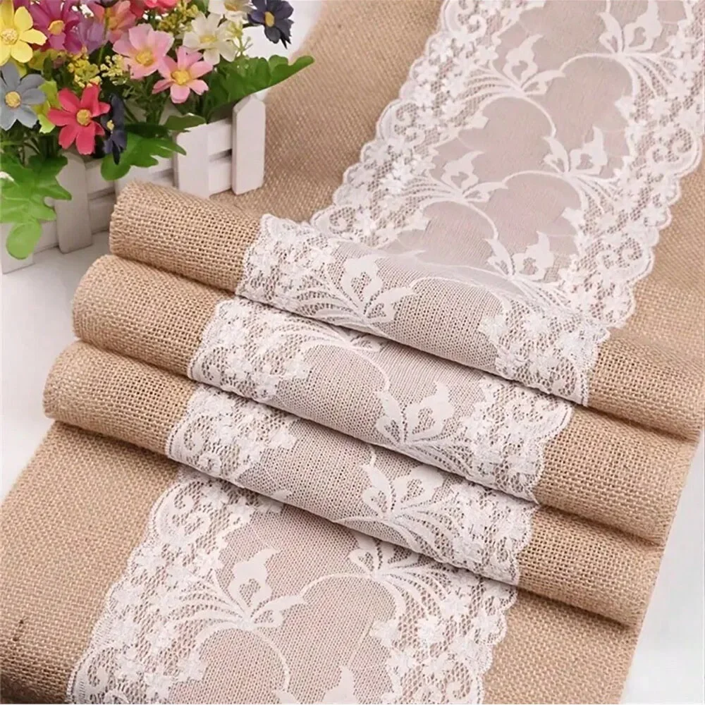 Description Picture 5 of itemWedding Burlap Table Runners with White Lace Rustic Table Runner Decor Vintage Romantic Table Cloth Party Favors for Table Decor