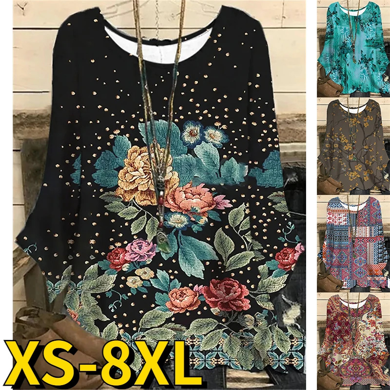 

2022 New Autumn Winter Daily Elegant Loose Long Sleeve Pullover Flower Printing Tops Retro Tee Shirt Women Round Neck T-shirt