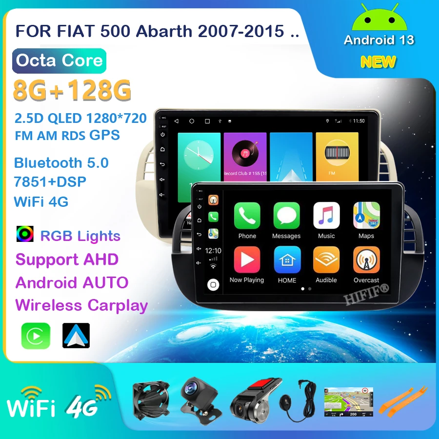 8G + 128G Android 13 Radio Car Multimedia Autoradio Per Fiat 500 2007 - 2015 Carplay 4G Gps Rds Hd Recorder Canbus