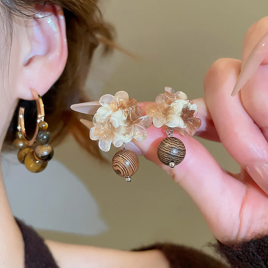 Brown Resin Tiger's Eye Stud Earrings - Lifestyle View