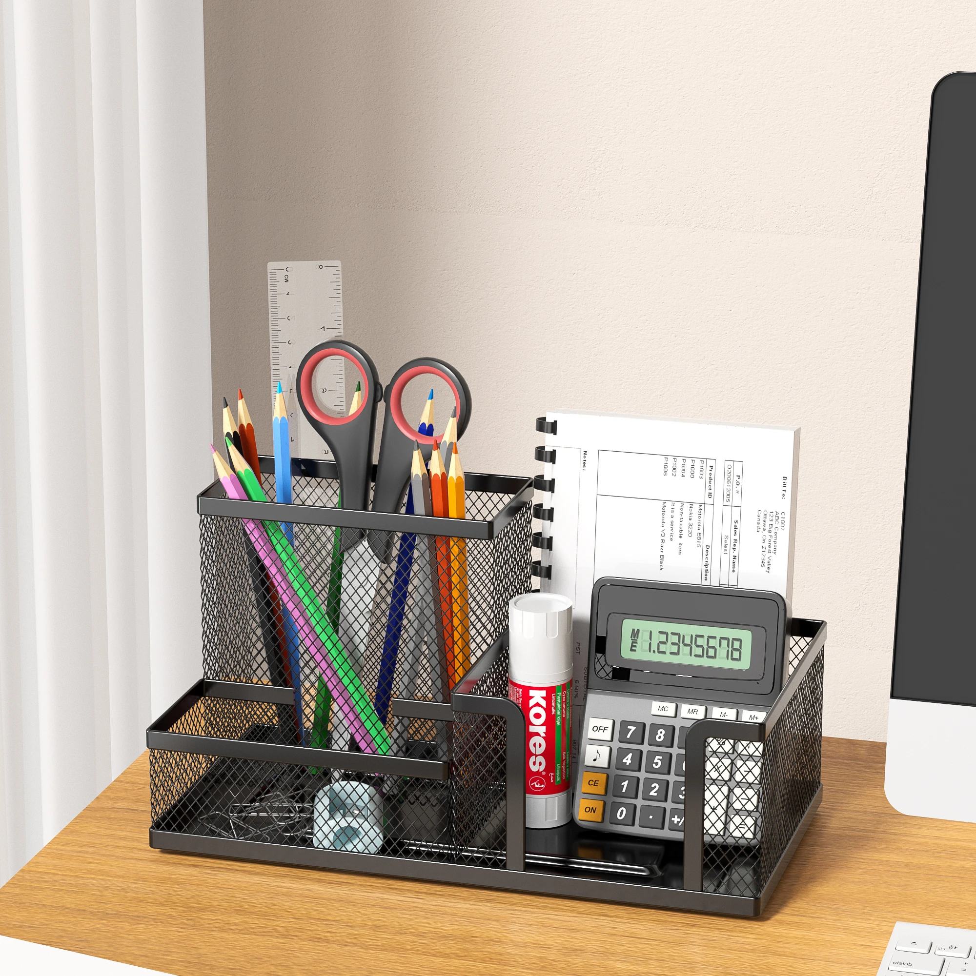 Organizzatore da scrivania in rete per forniture da ufficio con portapenne e cestini portaoggetti per accessori da scrivania, 3 scomparti, nero - immagine 5