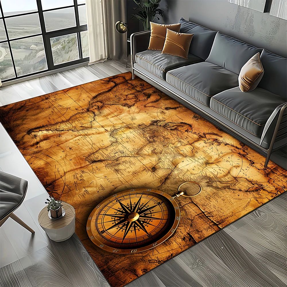 Nautical Map Rug – Retro Marine Compass Carpet | Non Slip Floor Mat for Living Room