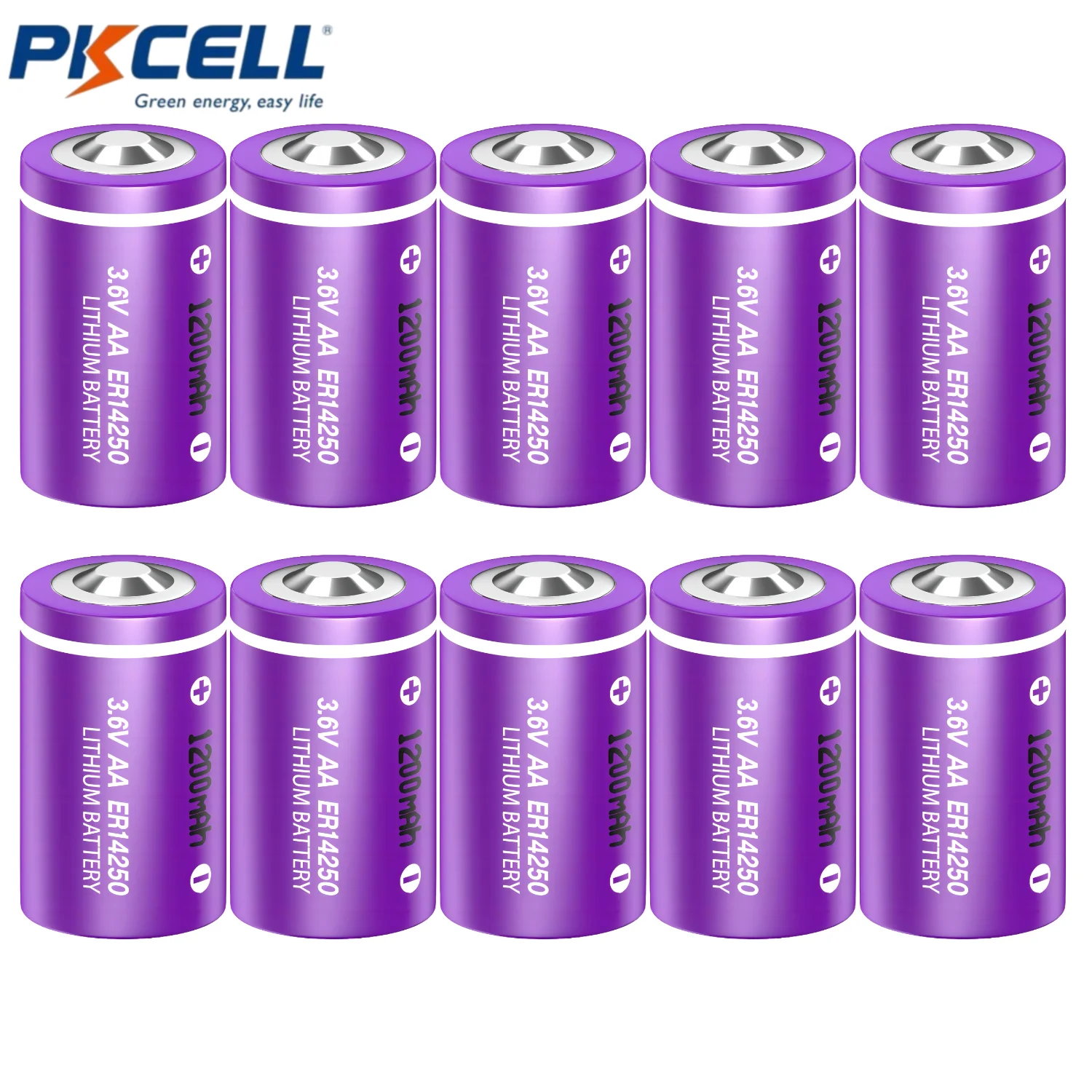 PKcell 10PC AA 3.6V Lithium Battery ER14250 3.6V 1200mAh 1/2AA Lithium Premium 2AA Button Top Standard Battery