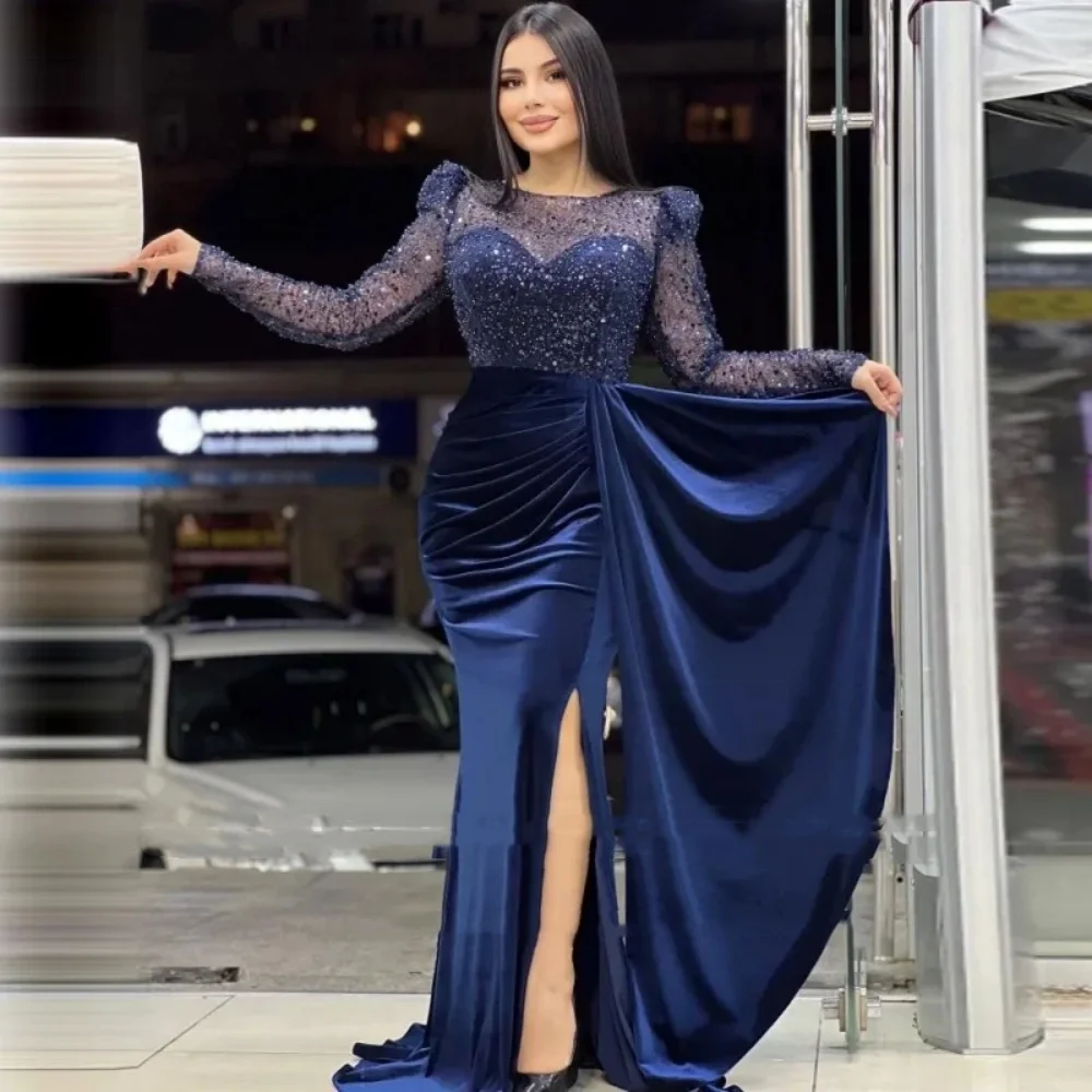 

New Shiny Formal Dress O-Neck Long Sleeves Prom Dress Velour Sexy Side Split Evening Dress Mermaid Party Dress Recetion Gown