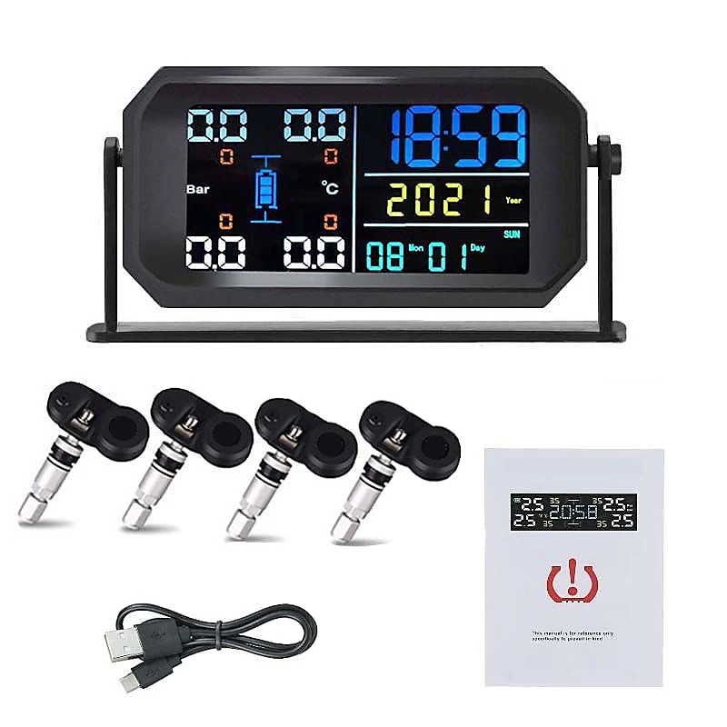 

Система контроля давления в шинах TPMS на солнечной батарее с USB, беспроводная система контроля давления в шинах с будильником, цифровой дисплей с часами