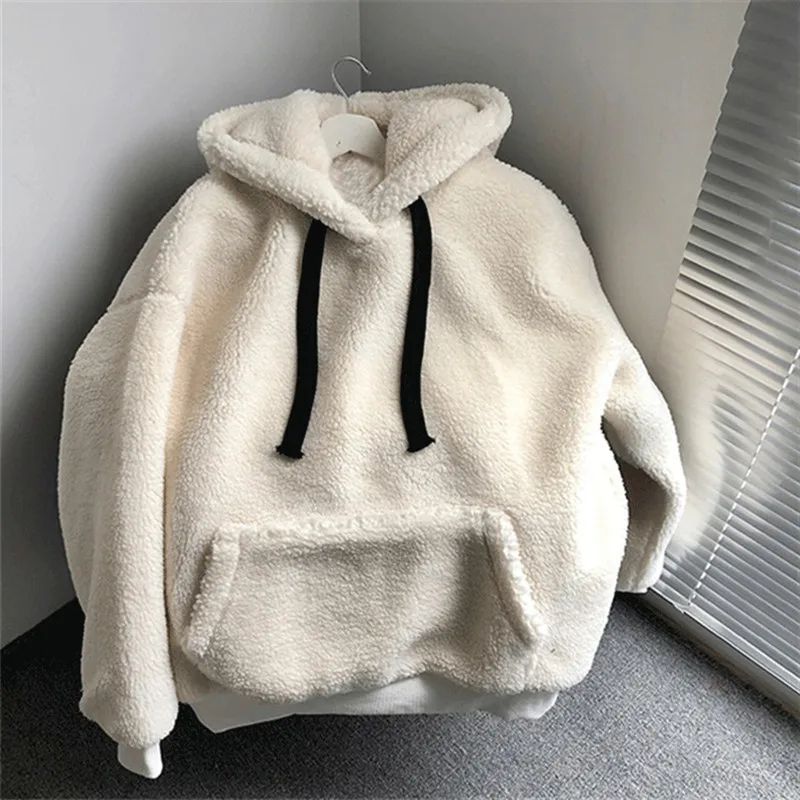 Y2k Lambswool Women Winter Hoodie Solid Color Hooded Long Sleeves Patch Pocket Warm Plush Pullover Casual Autumn Hoodies Худи худи