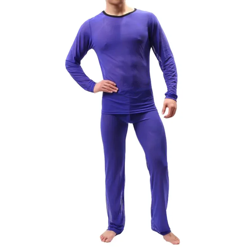 KWAN.Z pijama hombre thin transparent sexy men underwear pajamas sleepwear long sleevess pyjamas men mesh comfortable set