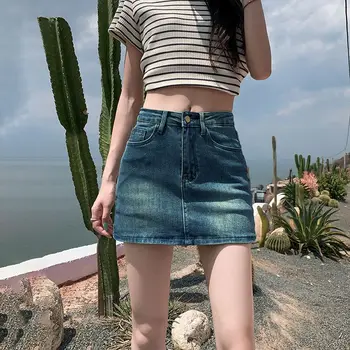 Women's Denim Skirt Y2K Style High-Waisted Slimming Bodycon Skirt Vintage Mini Dress Summer Commuter Casual Skirt
