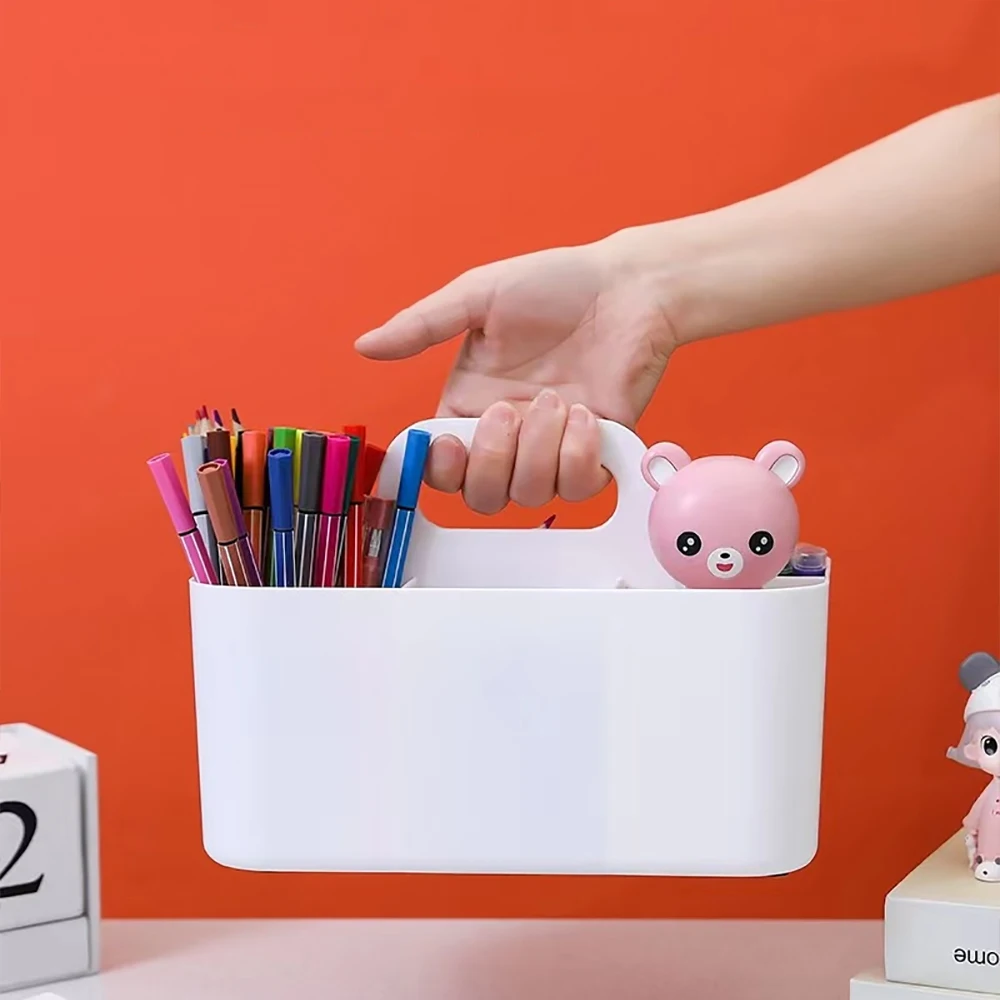 Desktop Marker Holder Art Supply Storage Box Cosmetic Plastic Storage Basket With Handle Pencil Pen Stationery Case pencil case pen holder desk organizer pen and brush holder desk storage rack