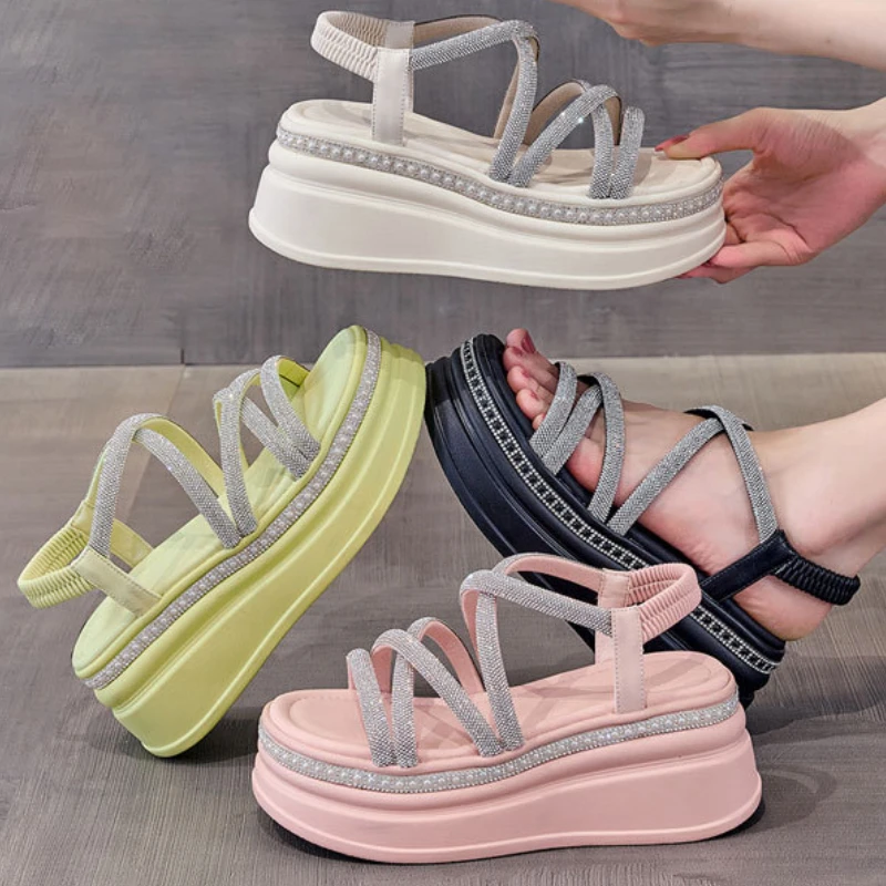 7cm Synthetic Rhinestone Slippers Luxury  Elegance Women Bling Leisure Fashion Summer Sandals Platform Wedge Flats Shoes