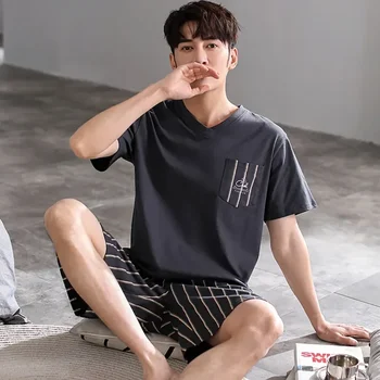 남성용 루즈한 S 팬츠 잠옷, 2 소매 짧은 면 홈웨어 잠옷 세트, 허리 탄성 조각, 레저 여름