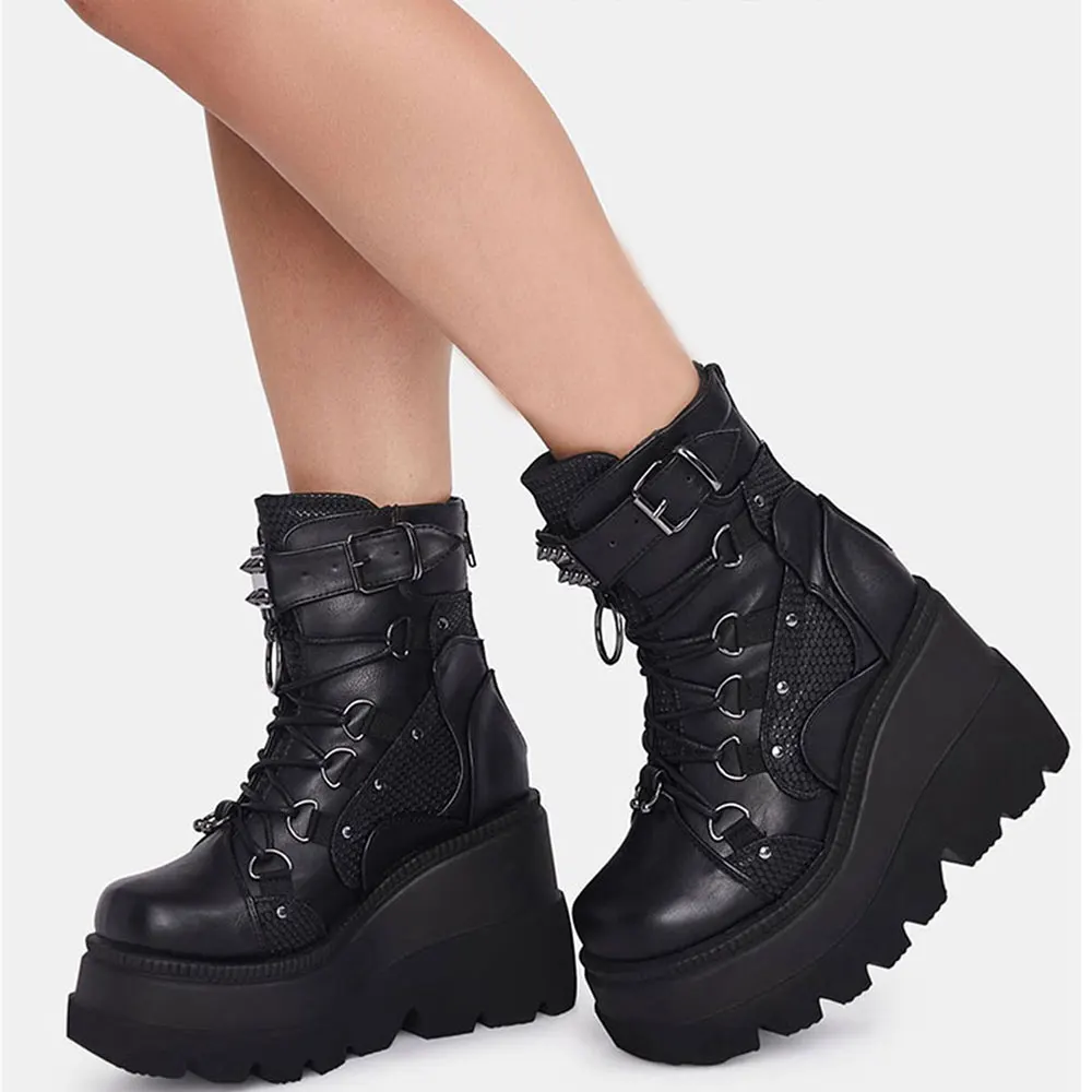 GIGIFOX Brand Fashion Gothic Big Size 43 High Heels Black Back Zipper Ankle Platform Boots Street Cool Woman Wedges Shoes 