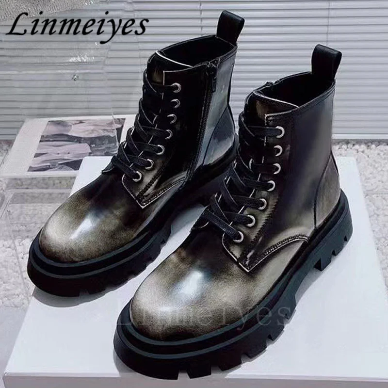 

New Thick Sole Short Boots Woman Genuine Leather Lace-up Flat Ankle Boots Female Round Toe Black White Motorcycle Boots Women