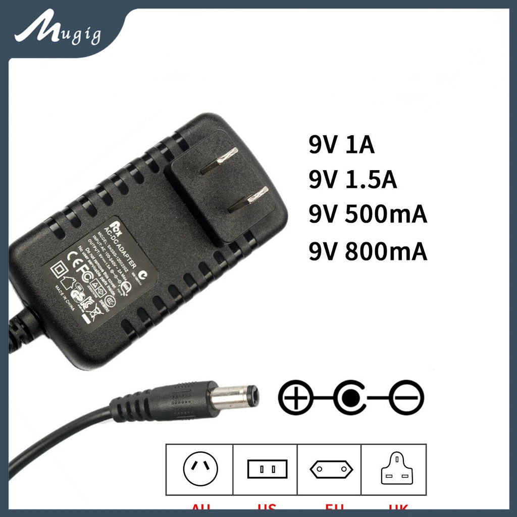 Mugig 9V 500mA /800mA /1A/1.5A DC AC Power Adapter Negative Inside Positive Outside For Instruments Guitar Pedals Power Supply for roland psb 1u power adapter electric guitar amplifier 9v2a ac dc