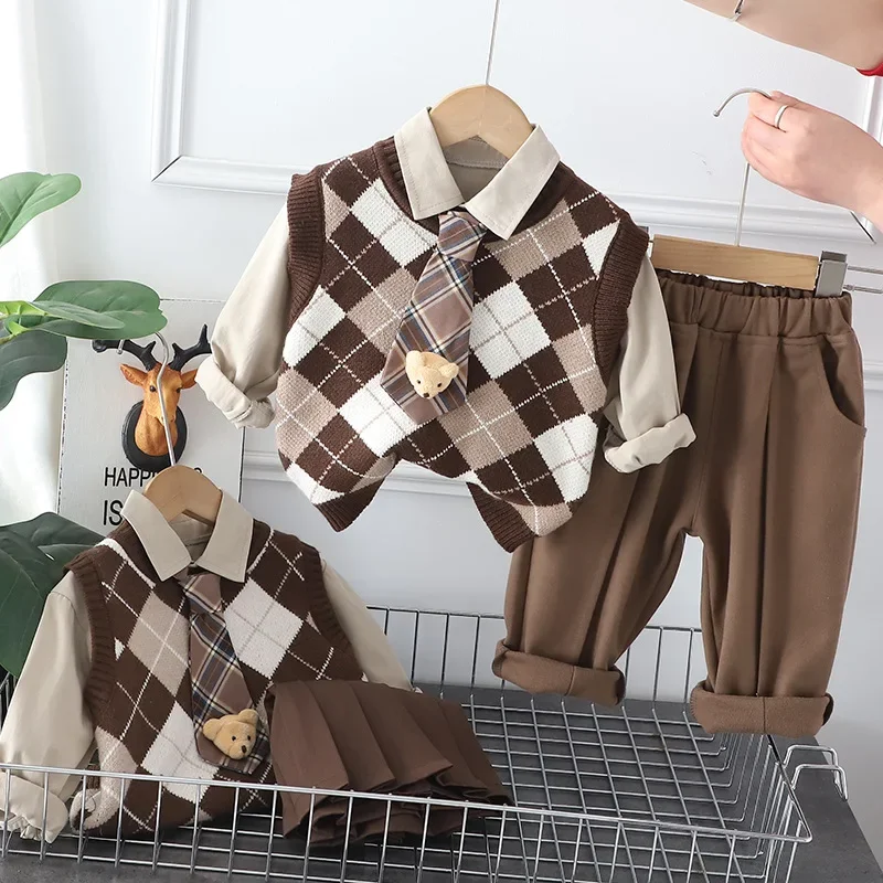 

New Korean Girls 3Pcs Clothes Set Children Sweater Vest Cotton Shirt Skirts Boys Kniting Vests Pants Suit Fashion Set Spring