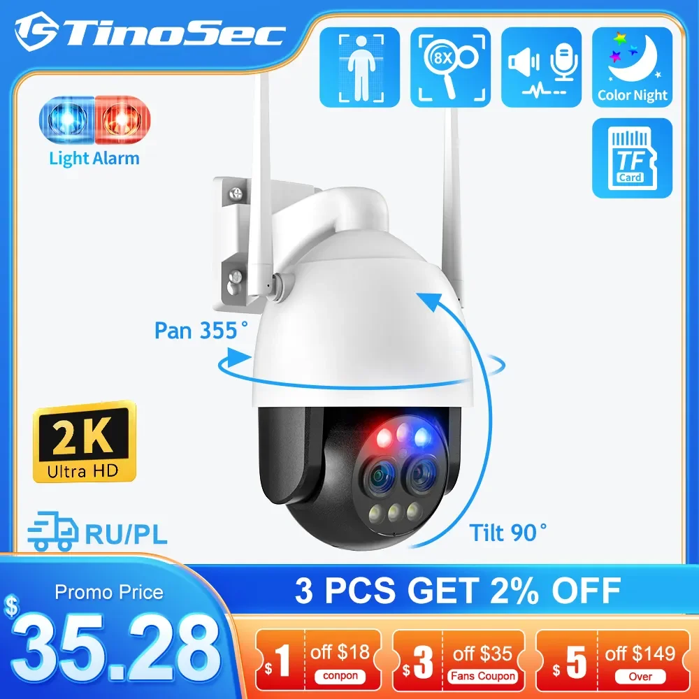 TinoSec PTZ Wifi Camera 4MP Dual Lens 8X Zoom Auto Tracking Surveillance Camera Audio Colorful Night Vision CCTV Security Camera