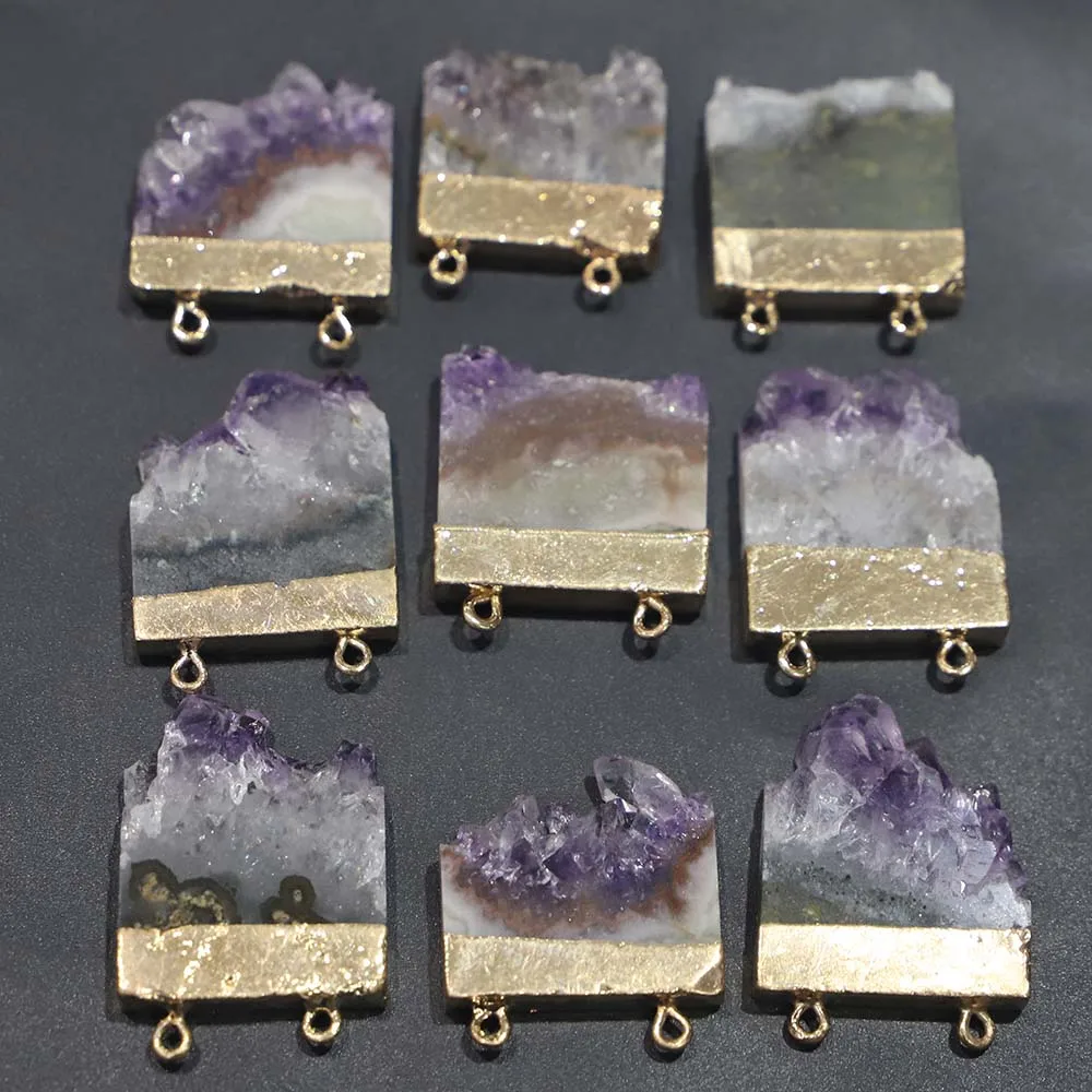 Natural Stone Uruguay Amethyst Irregular Pendants Double Buckle Phnom Penh Necklaces Energy Healing Chakra Halo DIY Jewelry 4Pcs