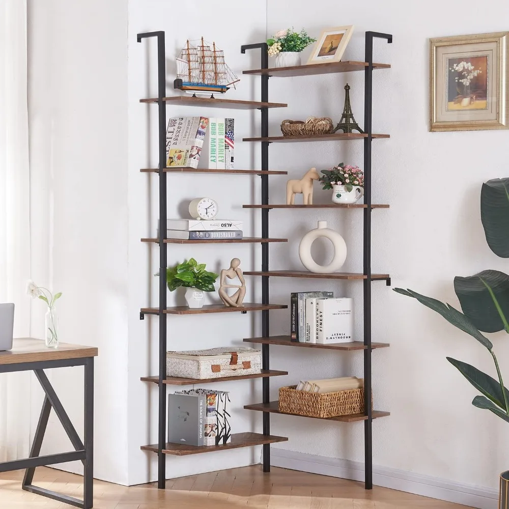 Corner Bookshelf,12-Tier L Shaped Bookshelf, Double Wide Corner Wall Mount Bookcase with Metal Frame and Wood, Modern I 3
