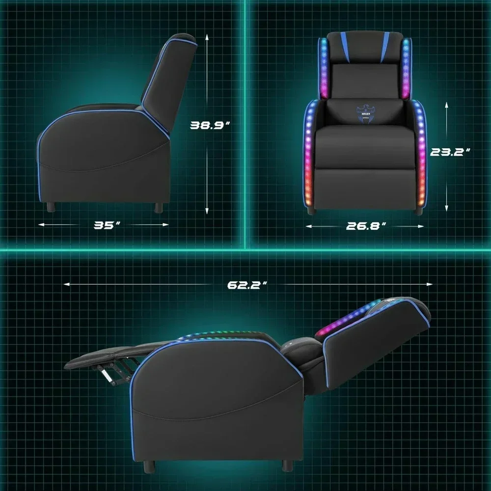 LED Gaming Massage Recliner Chair, Racing Style Single Living Room Sofa Comfortable Ergonomic Home Theater Seating, Chairs 5
