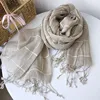 100% Natural Linen Scarf for Women Man Autumn Japan Style Casual Plaid Neck Scarves Breathable Hijab Elegant Womens Shawl