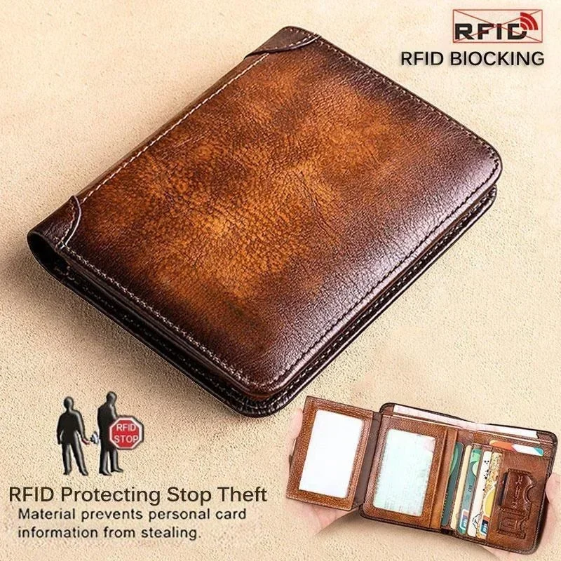 Leather Rfid Blocking Trifold Wallets For Men Vintage Thin Short Multi Function ID Credit Card Holder Money Bag ﻿Purse