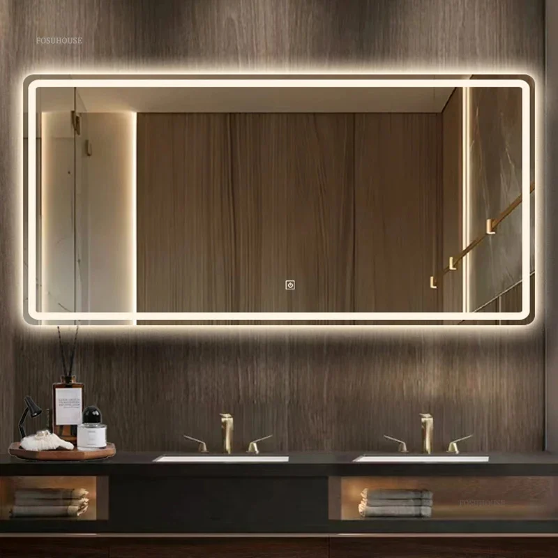 Light Luxury Smart Bathroom Mirrors Toilet Touch Screen Bathroom Mirror with Light Minimalist Wall-mounted Bath Mirrors for Home