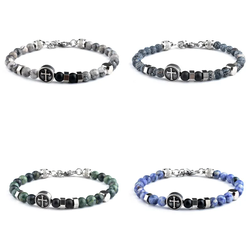 Stainless Steel Cross Bracelet for Men with Natural Map Sodalite Stone