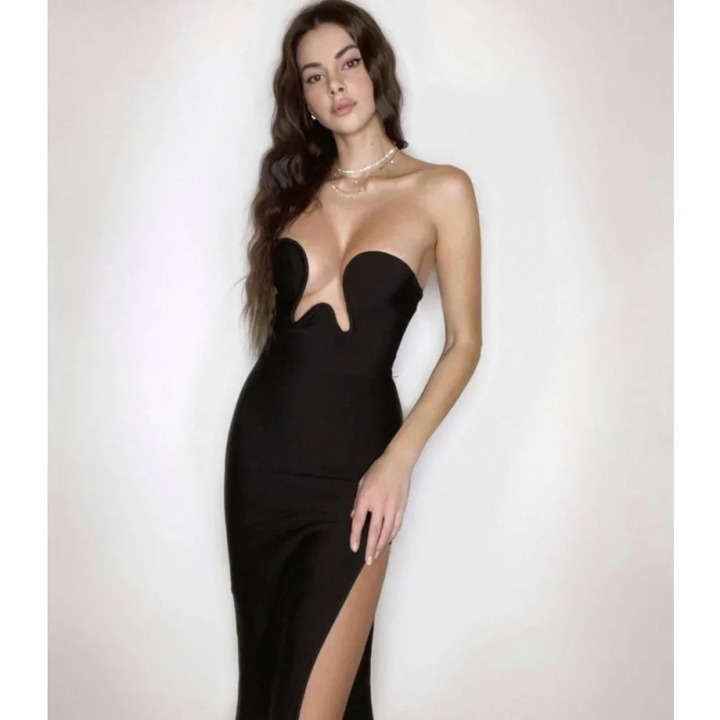 

2024 Cross-Border Hot Sale European and American Sexy Tube Top Bandage Long Slit Sheath Dress High Banquet Dress