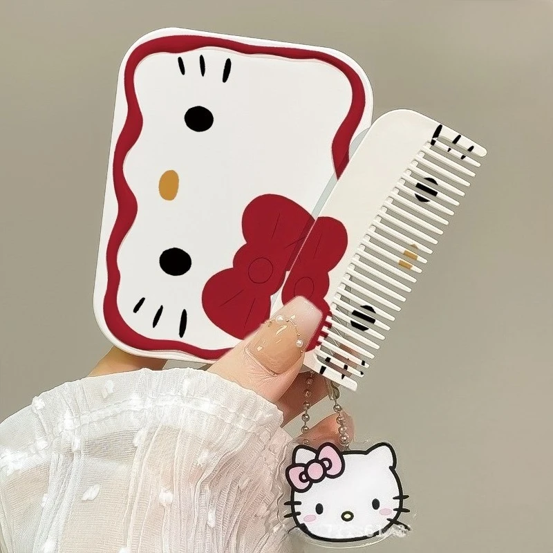 הגעת חדשה של מראת איפור ניידת של הלו קיטי, מראת גלים מתקפלת עם מראת חתול קרטון חמודה ותליונים