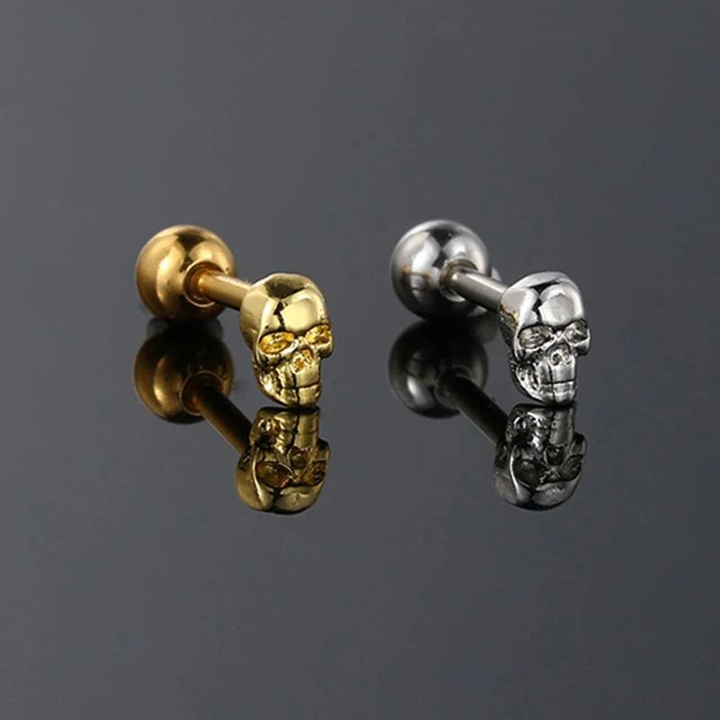 Orecchini con teschio per donna stile punk piccolo scheletro in acciaio inossidabile piercing elica color oro ve orecchio stud regalo di Halloween CC177  36