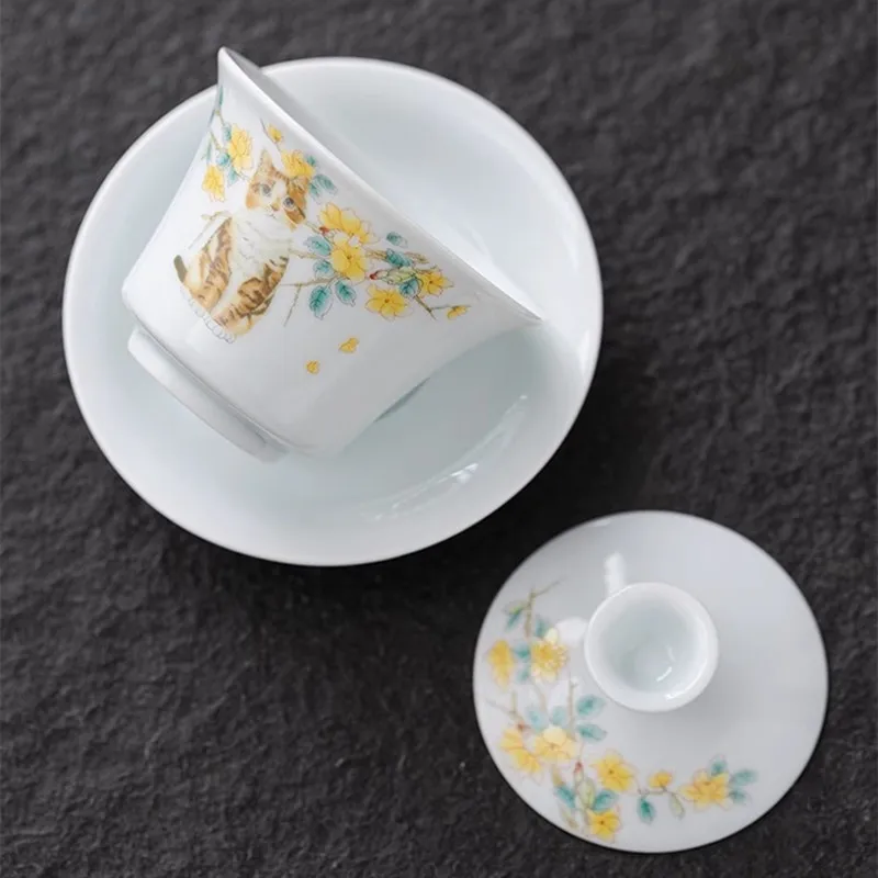 Shadow Celadon Covered Bowl, Tea Cup, White Porcelain Suspended Tea Bowl with Lid, Sancai Ceramic Kung Fu Household Set