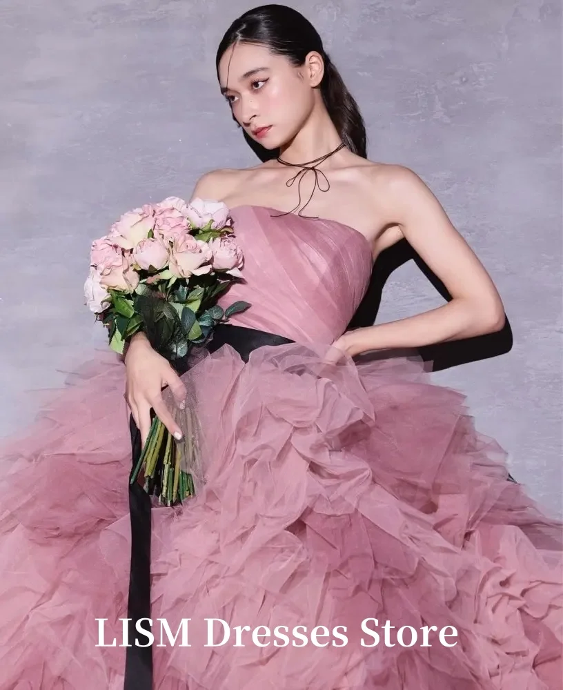 LISM One Line Collar A-Line Japan Wedding Dresses Removable Soft Tulle Strapless Tiered Layered Elegant Evening Gowns Customized