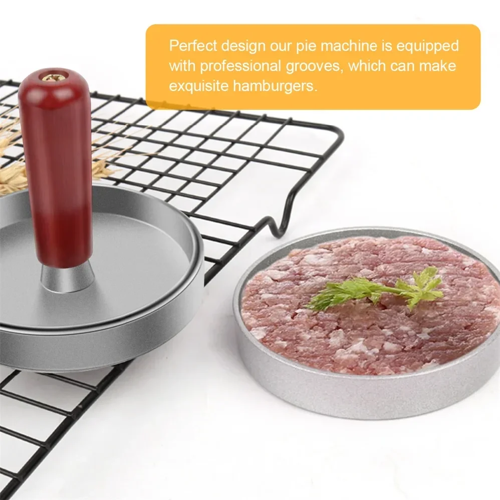 همبرغر اللحوم الصحافة مقبض خشبي جولة لتقوم بها بنفسك قالب غير عصا طلاء باتي صانع لحوم البقر شواء برغر اللحوم الصحافة أداة المطبخ