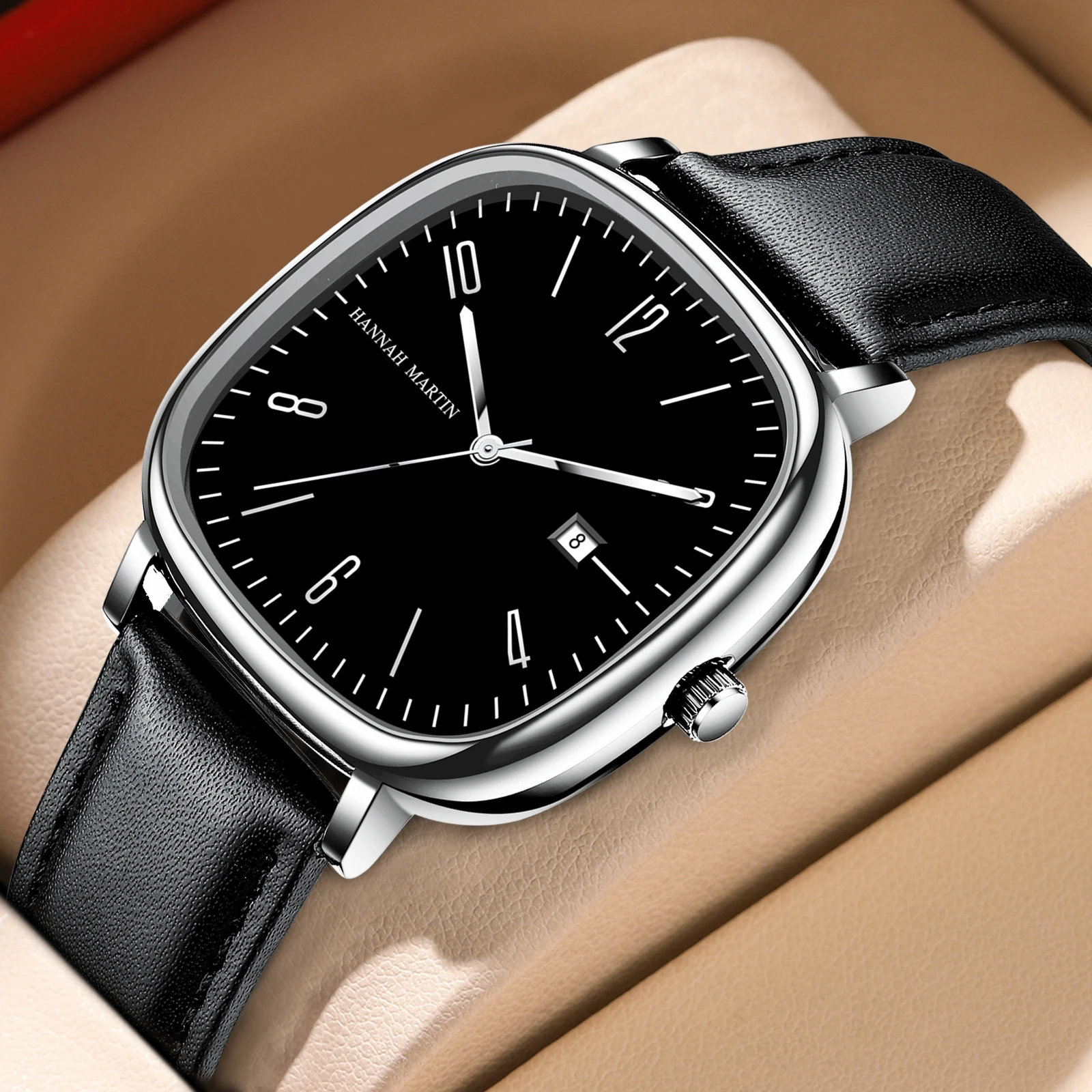 メンズスクエアレザーウォッチ,ビジネススタイルのブラッククロック
