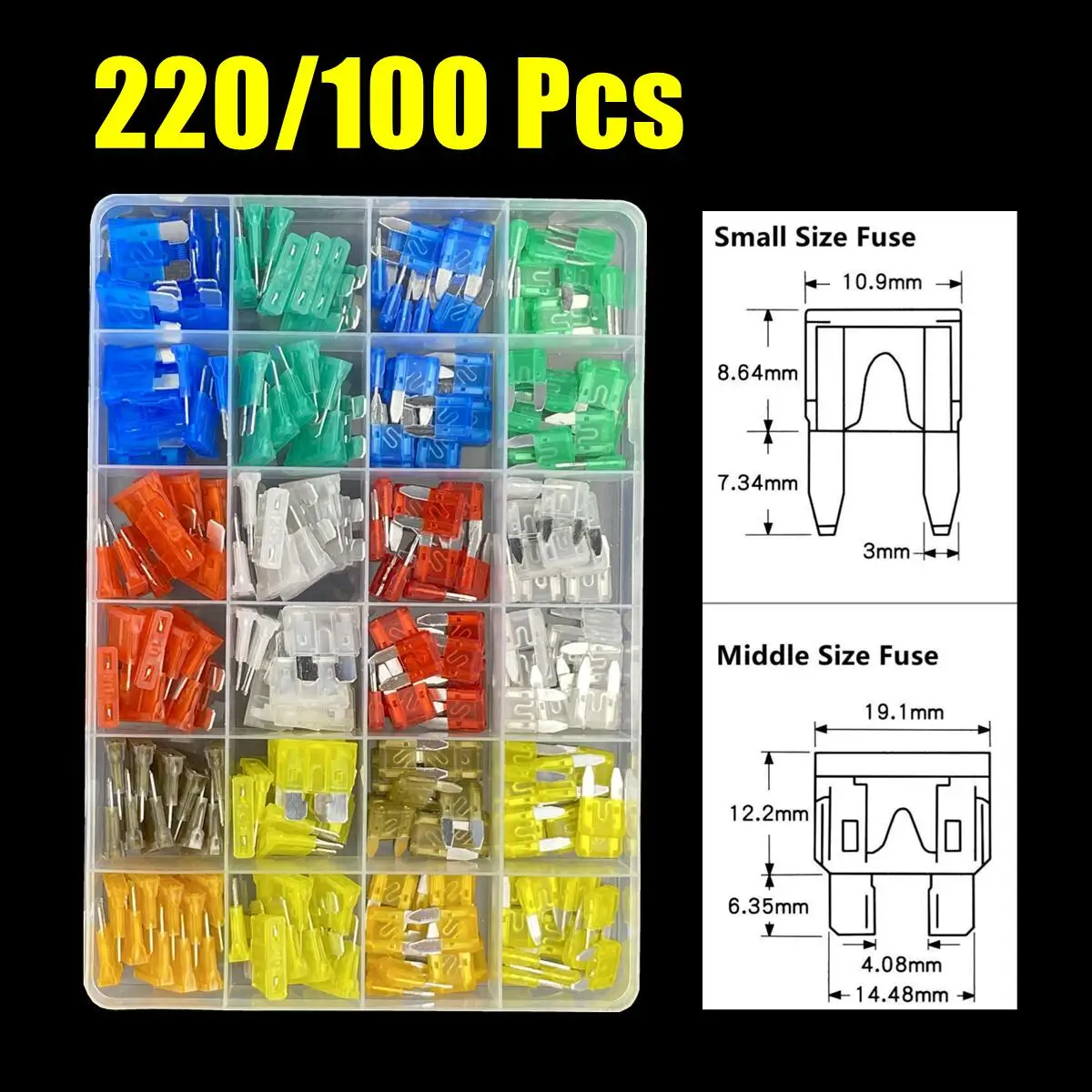 Car Fuses Kit Assortment Automotive Middle Small Mini Type Blade 5A/7.5A/10A/15A/20A/25A/30A car fuses kit