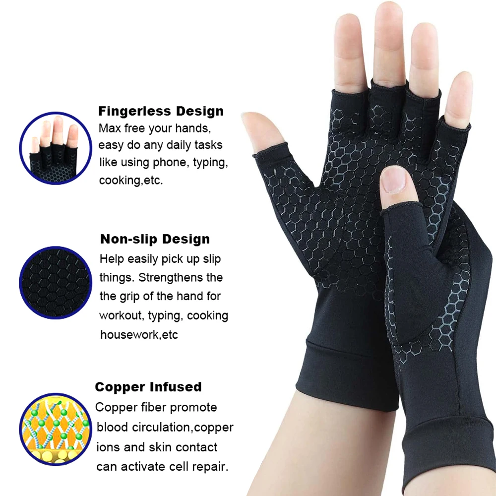 Copper Compression Arthritis Gloves 1Pair Fingerless Hand Support fingerless gloves compression gloves for Carpal Tunnel Ideal for Typing,Crocheting, Men & Women