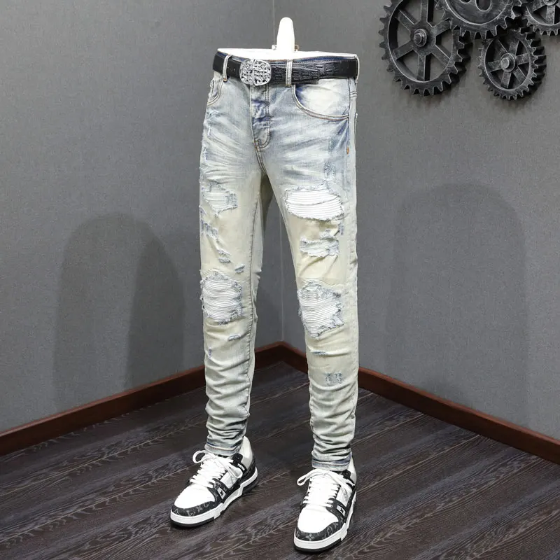 

Street Fashion Men Jeans Retro Washed Blue Stretch Skinny Fit Ripped Jeans White Leather Patched Designer Hip Hop Brand Pants