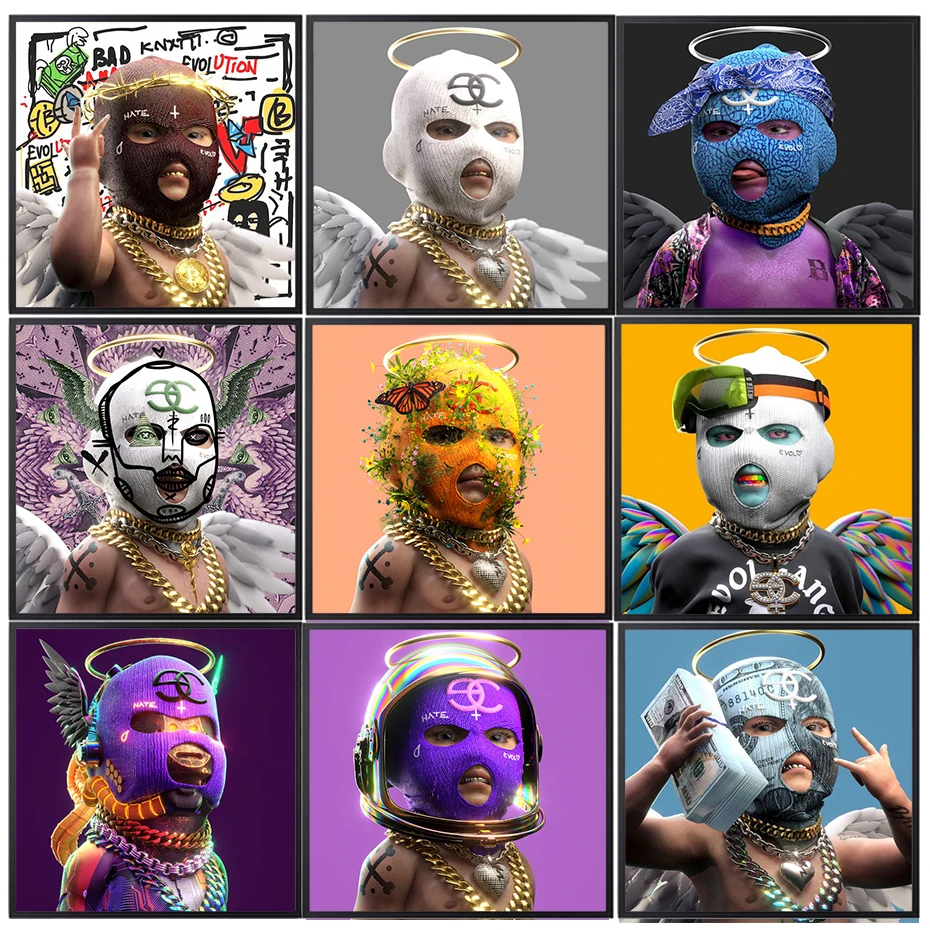 

Graffiti Masked Art EVOL Poster Prints, Proud Little Angel Canvas, Painting Artwork, Wall Art Decor, Picture Living Room Gift