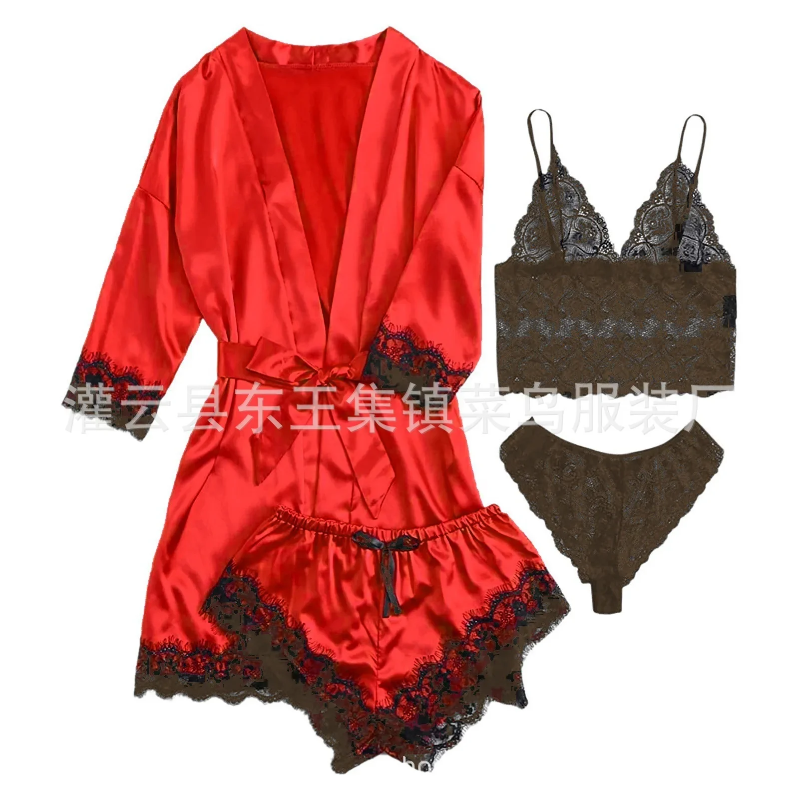 thumbnail image 1 of Nuevo 4 unids/set de ropa para el hogar, bata de moda para dormir, pijamas para mujer, falda, ropa de dormir de encaje satinado con seda, bata, pantalones de pijama sexis, 1 of 4