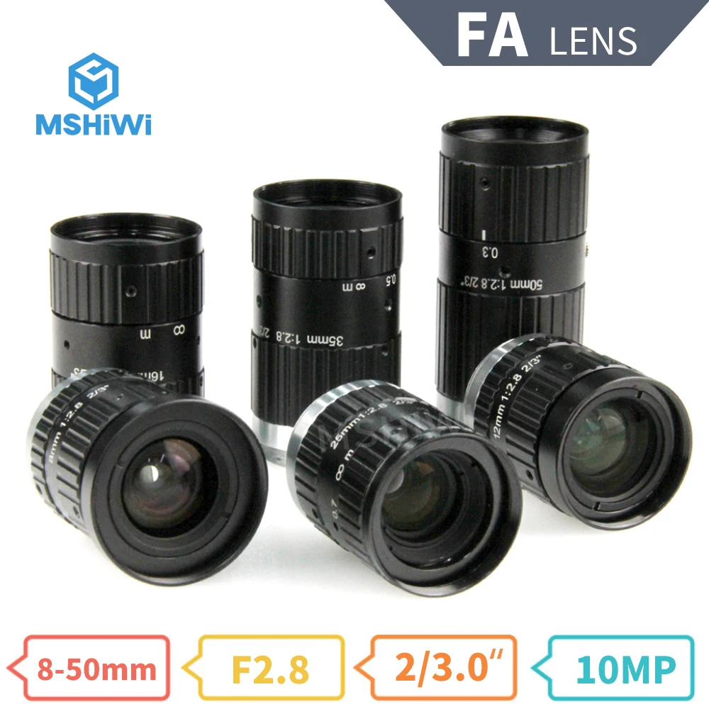

HD 10MP 8/12/16/25/35/50mm FA Fixed Focal Lens F2.8 2/3" Manual Iris Machine Vision Camera Lens for Industrial Automation
