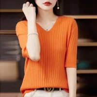 Women's Sweater Spring Summer Short Sleeve V-neck Knit Shirt Casual Korean Pullovers Stripe Bottoming Shirt Slim Fit Jumpers 2