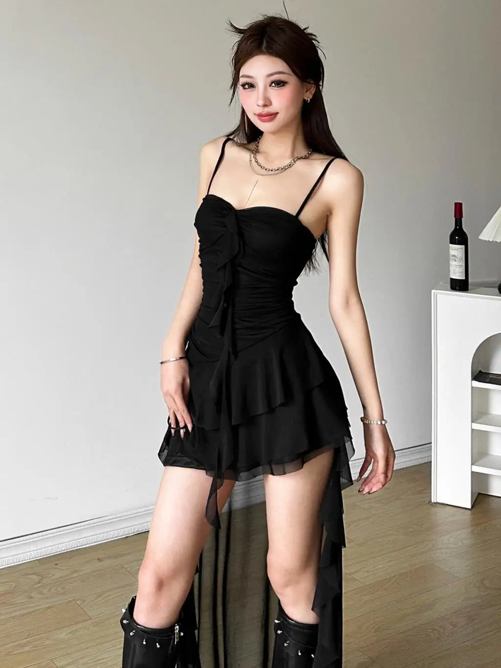 Y2K Irregular Ruffles Spaghetti Strap Summer New Midi Dresses for Women Birthday Party Dress Club Prom Robe Sexy Vestidos Mujer