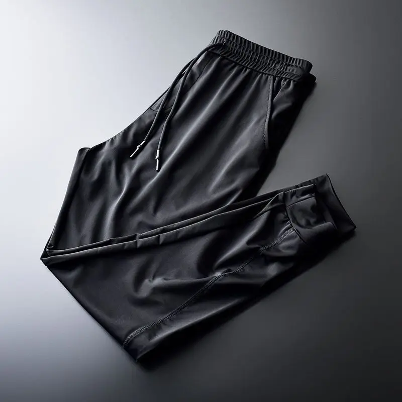 Summer Thin Quick-Drying Pants Ankle-Tied Casual Pants Men Trendy Ice Silk Sports Pants Loose Plaid Men Sweatpants Fashion